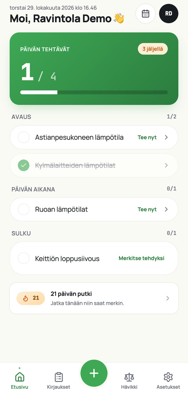 Eelis-sovelluksen etusivu: päivän tehtävät avaukseen, päivän ajalle ja sulkuun.