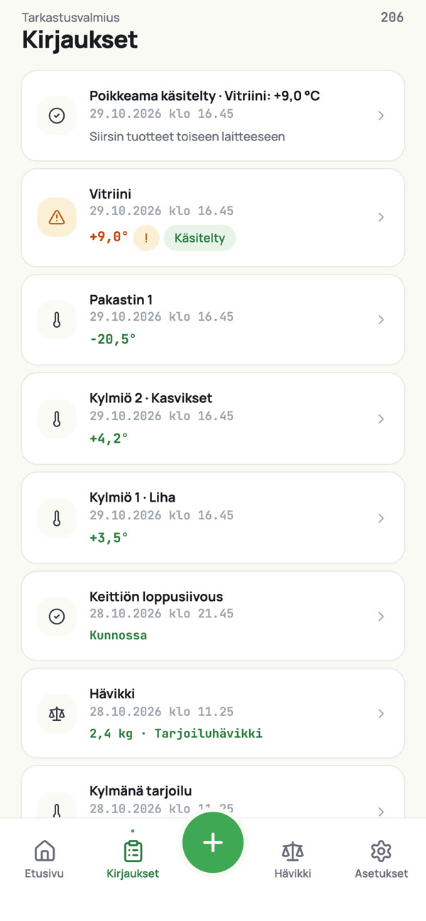 Kirjaukset-näkymä: viimeisimmät kirjaukset yhdessä paikassa.