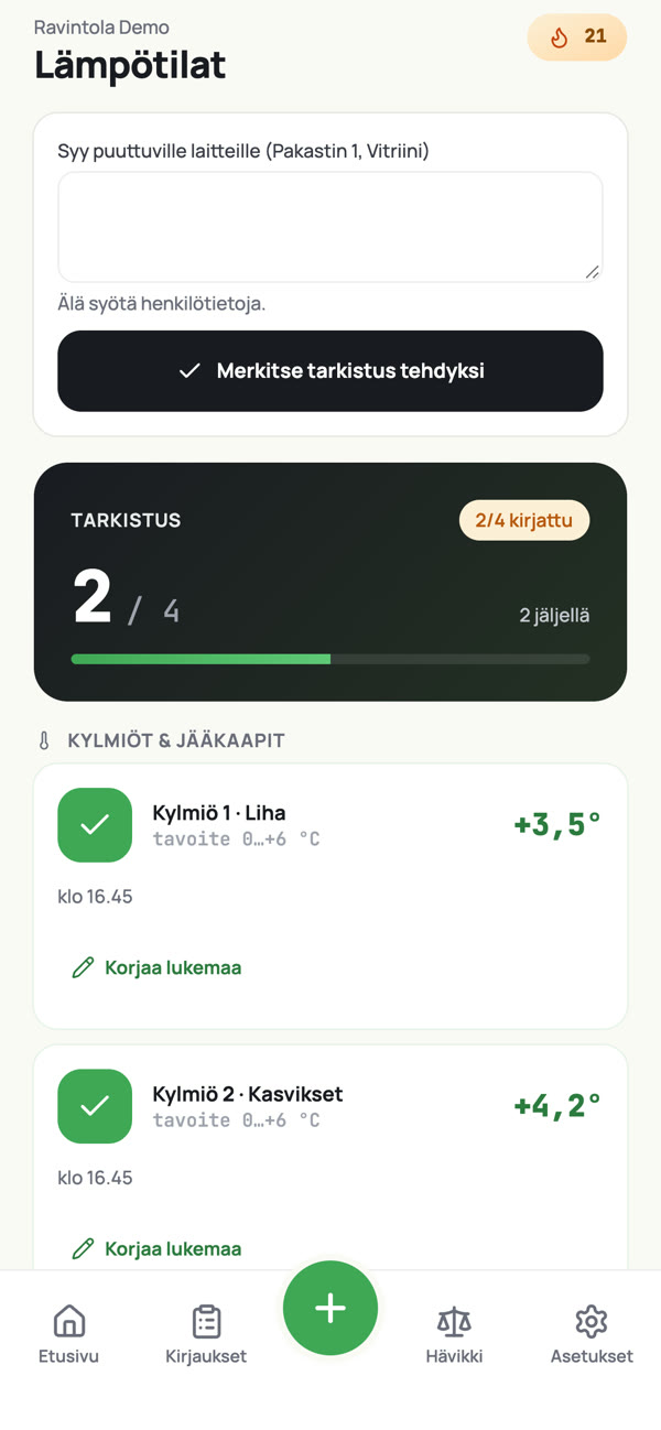 Kylmälaitteiden lämpötilat: lukemat ja kunkin laitteen tavoitealue.