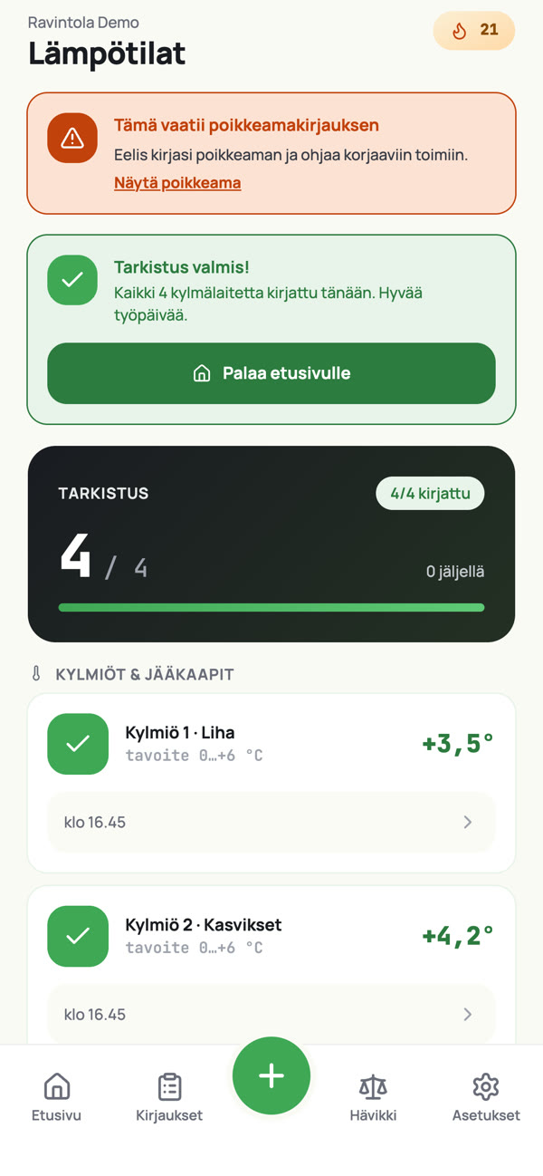 Rajan ylittävä lukema: Eelis ilmoittaa, että tämä vaatii poikkeamakirjauksen.